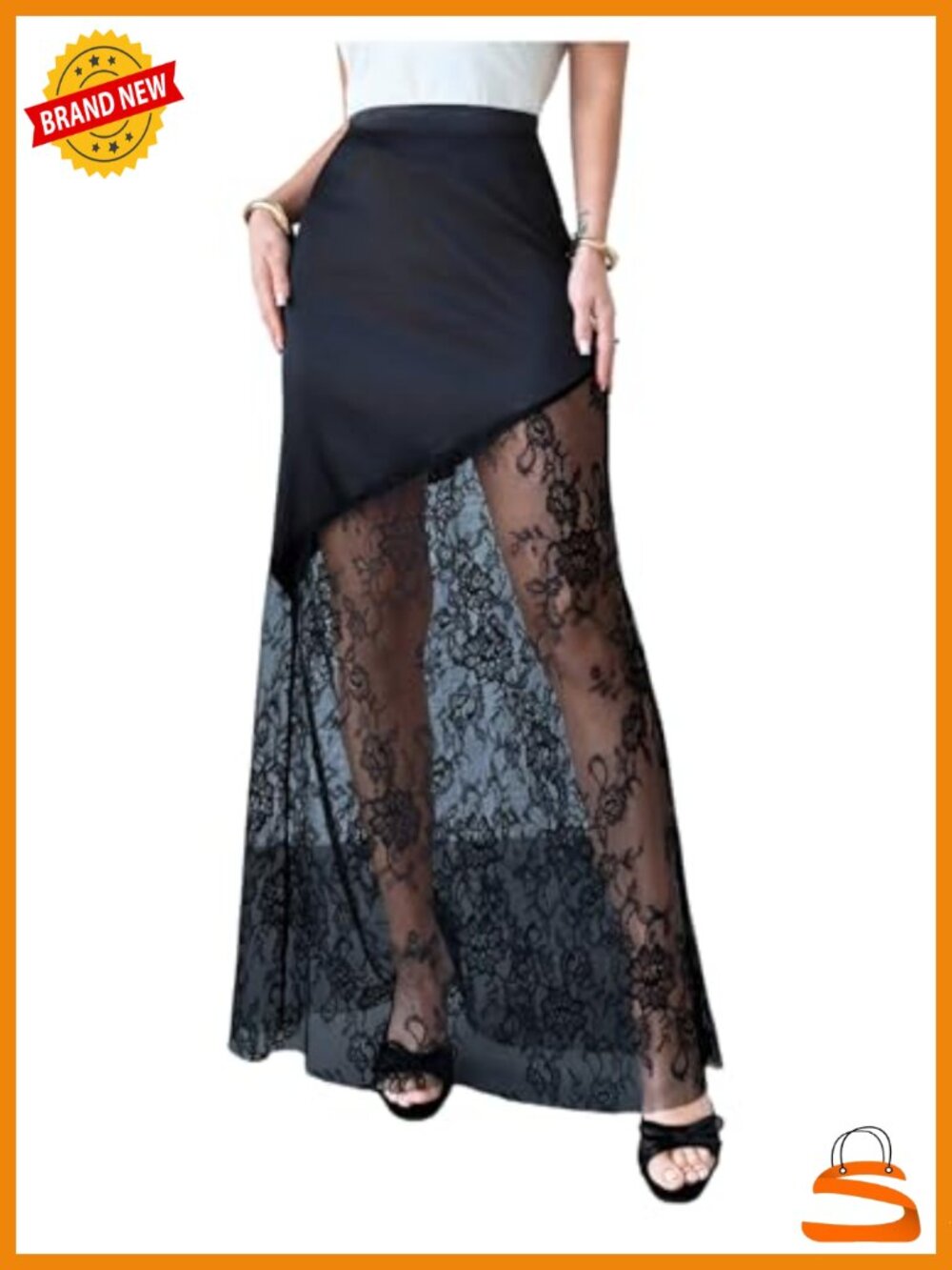 Satin Lace Maxi Skirt Y2K High Waisted Sheer Silk Party Going Out